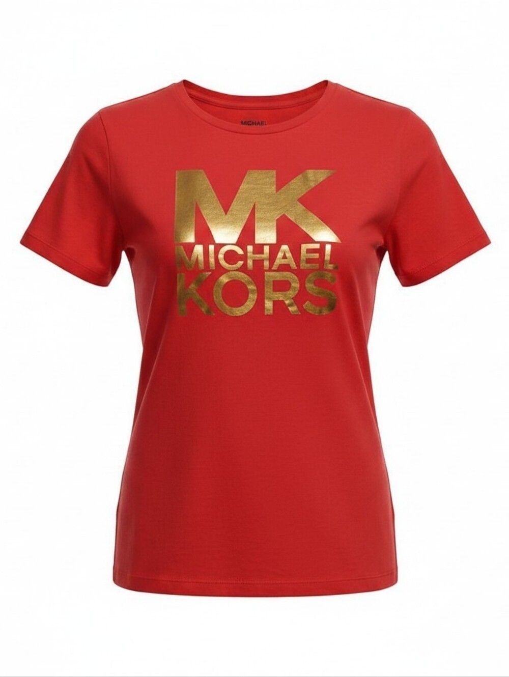 Michael Kors Red Graphic Tee – Gold Logo – Size Small – GUC